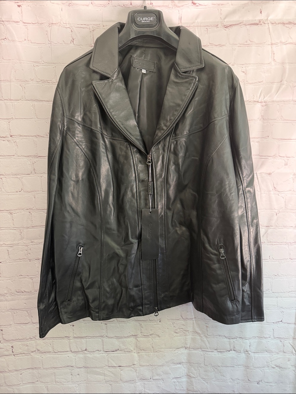 Italian Leather Bomber Jacket by CURGÉ with Zip Front Woman’s Size EU 58 US XXXL